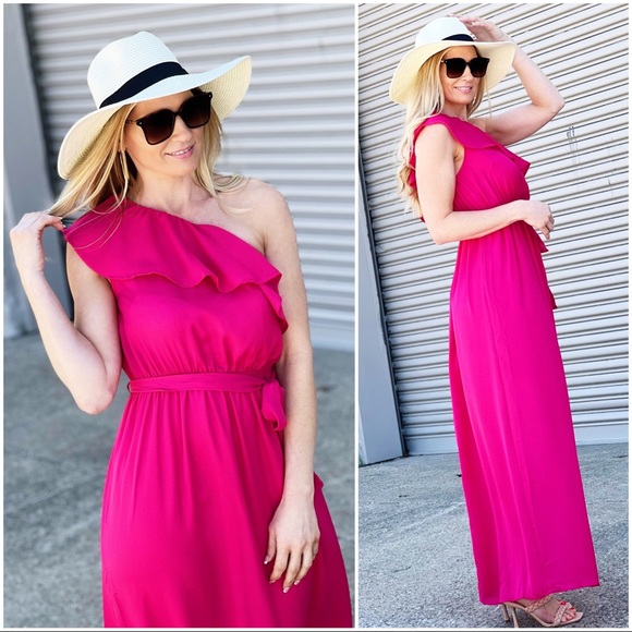 Fashion Icon One Shoulder Maxi Dress-Fuchsia - Picture 3 of 4
